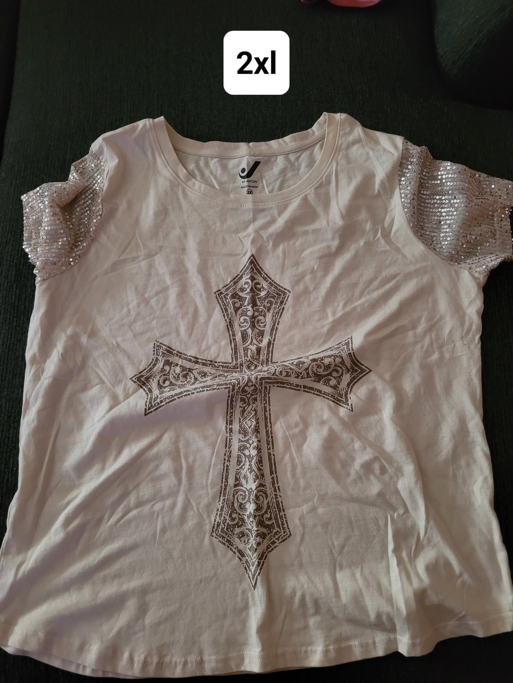 White Tee with Ornate Cross and Sequin Puff Sleeves